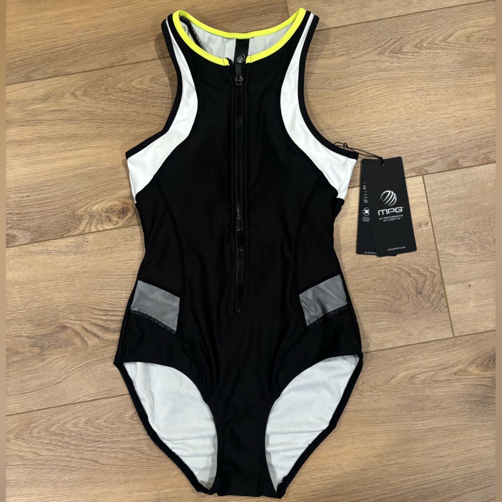 MPG Black One-Piece Zip Swimsuit with White Panels and Neon Yellow Trim